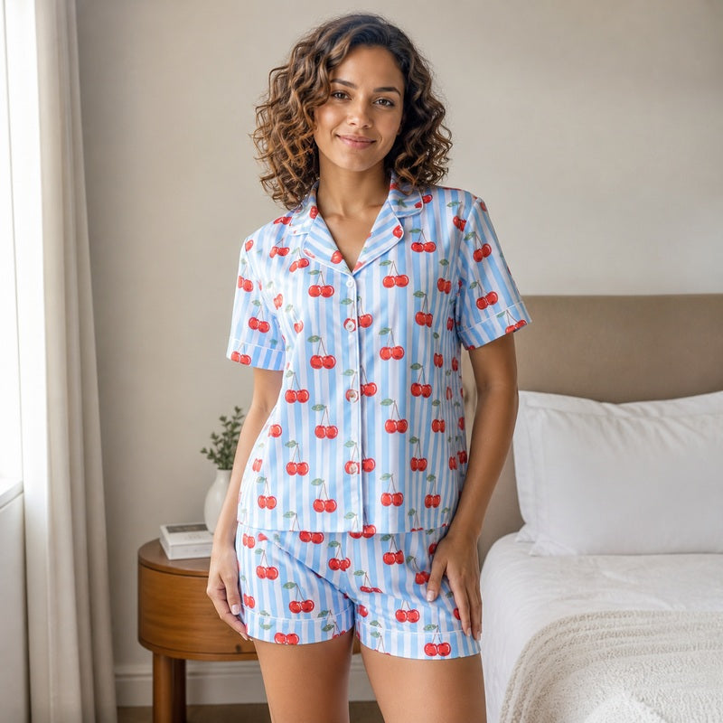 Pijama Feminino Cherry Sky listrado em modelo com aparência natural