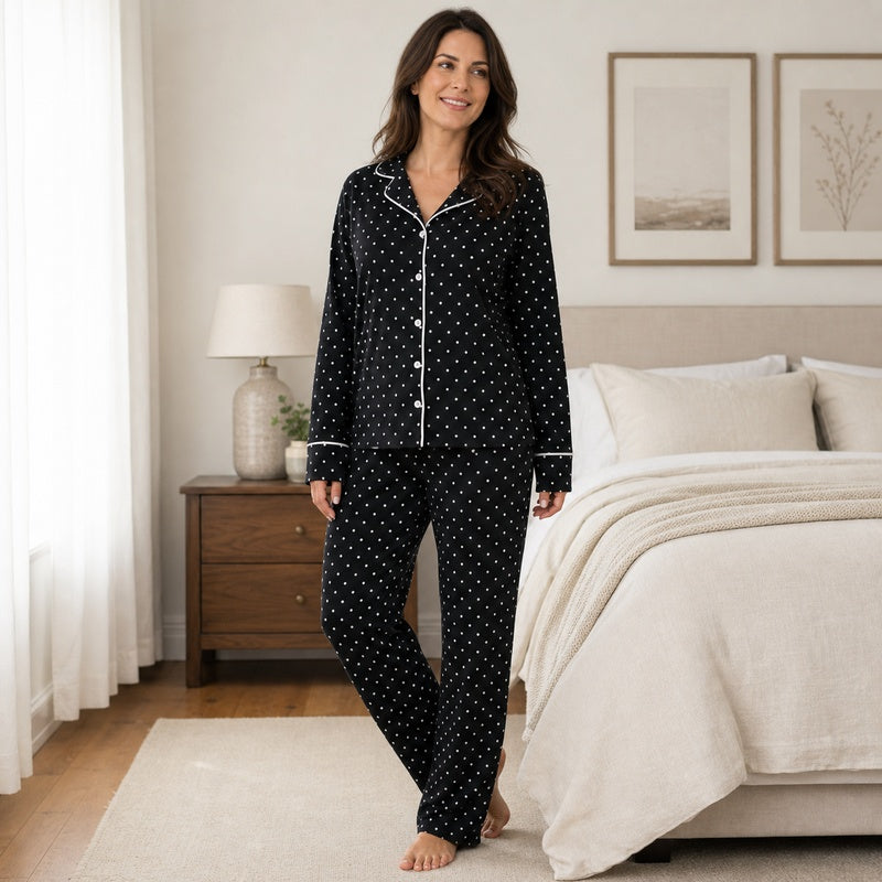 Pijama feminino Essenza Poá Preto longo em vista principal