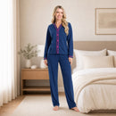 Pijama americano feminino longo azul-marinho com vivo pink