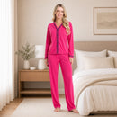 Pijama americano feminino longo pink com vivo azul-marinho