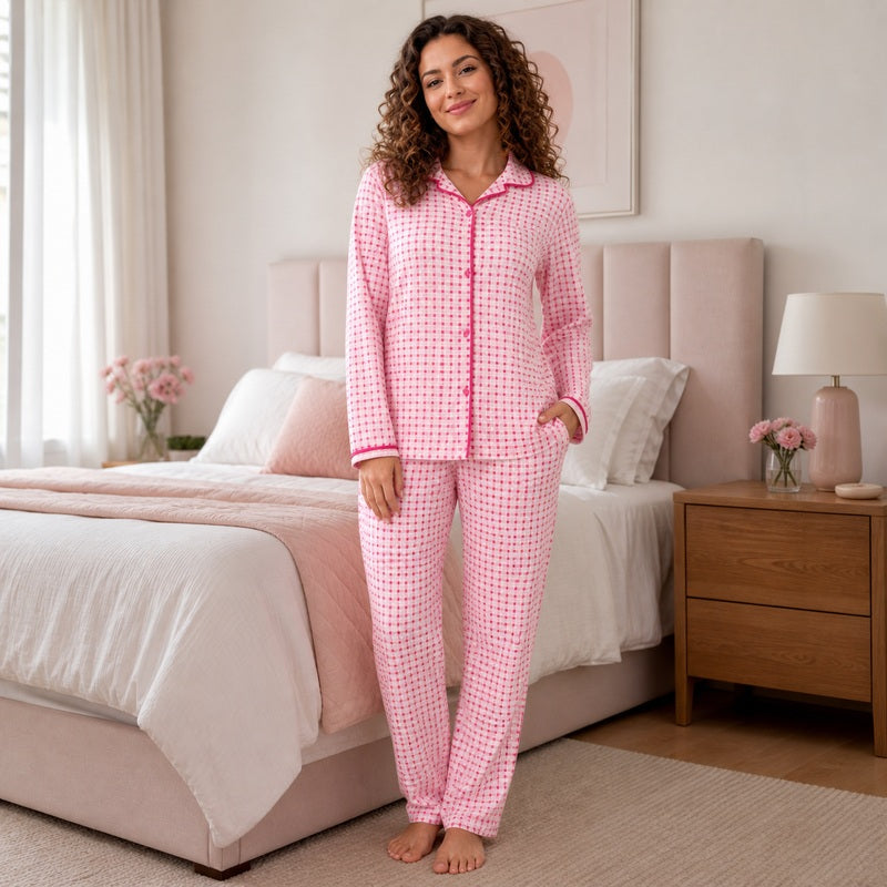 Pijama Feminino Americano Xadrez Rosa Aurora em uso vista frontal